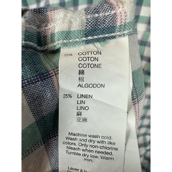 Gap Shirt Mens Large Green Plaid Gingham Button Down Classic Fit Linen Blend Men - Picture 7 of 8